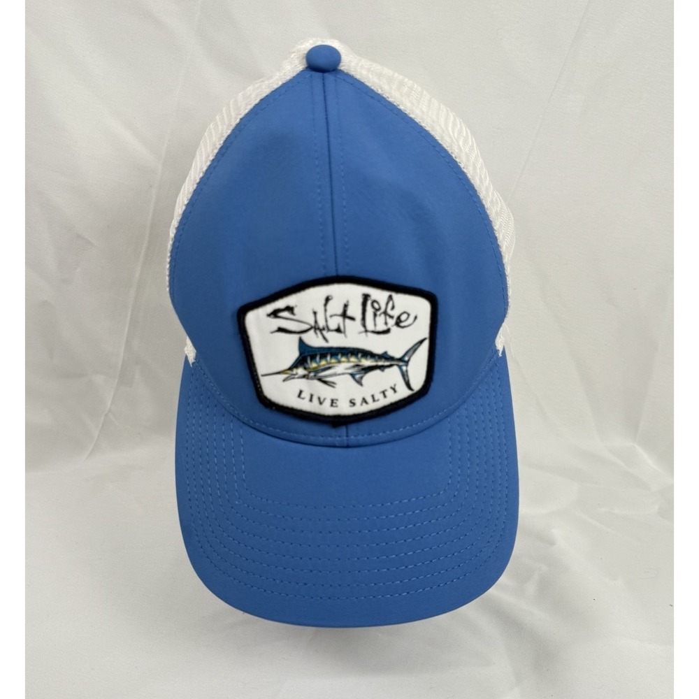 Salt Life Fishing Hat Cap Mens Fitted Flex Mesh Back Blue White Snap Back Hat
